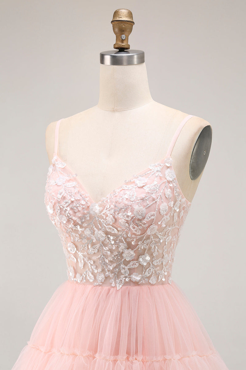 Load image into Gallery viewer, Sparkly Blush Tulle Floral A-Line Ruffled Long Prom Dress with Sequins