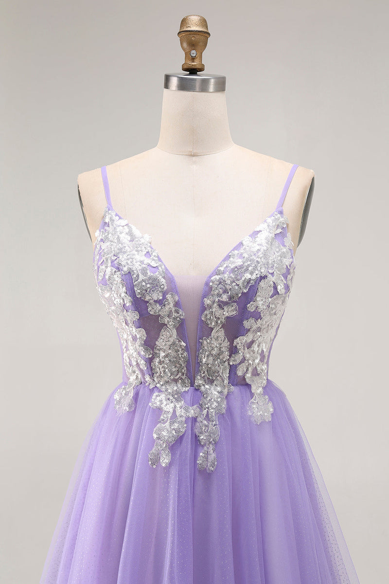 Load image into Gallery viewer, Sparkly Purple A Line Long Corset Prom Dress with Sequins