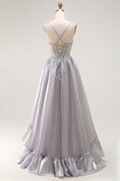 Load image into Gallery viewer, Sparkly Grey Ruffled A Line Long Corset Prom Dress with Beading