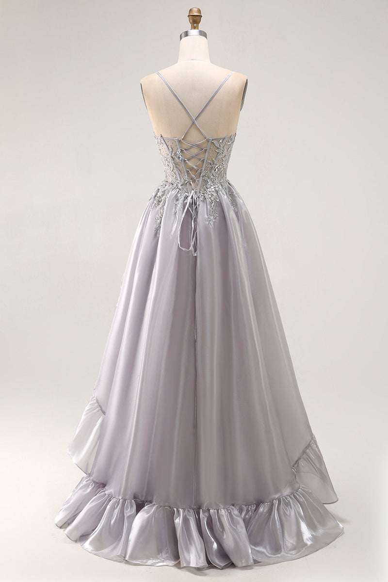 Load image into Gallery viewer, Sparkly Grey Ruffled A Line Long Corset Prom Dress with Beading