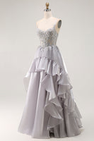 Load image into Gallery viewer, Sparkly Grey Ruffled A Line Long Corset Prom Dress with Beading