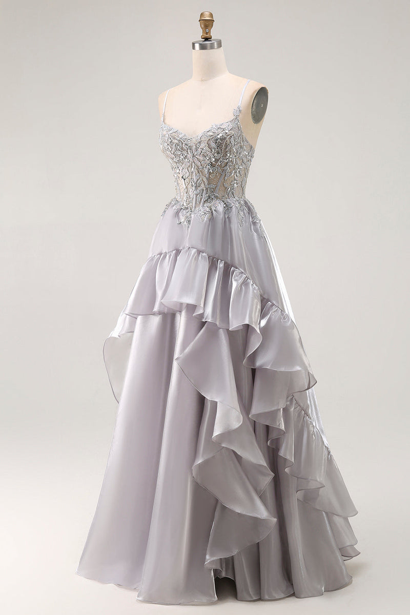 Load image into Gallery viewer, Sparkly Grey Ruffled A Line Long Corset Prom Dress with Beading