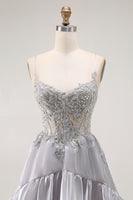 Load image into Gallery viewer, Sparkly Grey Ruffled A Line Long Corset Prom Dress with Beading