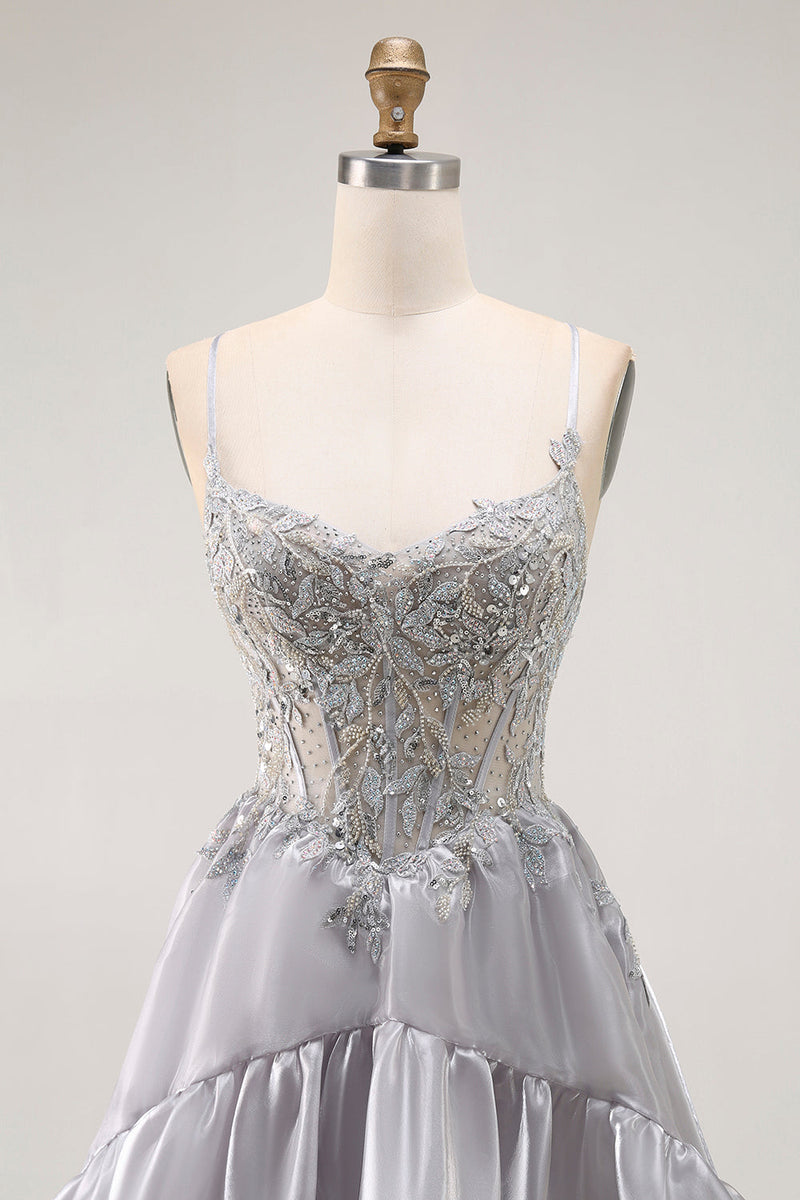 Load image into Gallery viewer, Sparkly Grey Ruffled A Line Long Corset Prom Dress with Beading