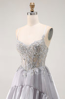 Load image into Gallery viewer, Sparkly Grey Ruffled A Line Long Corset Prom Dress with Beading