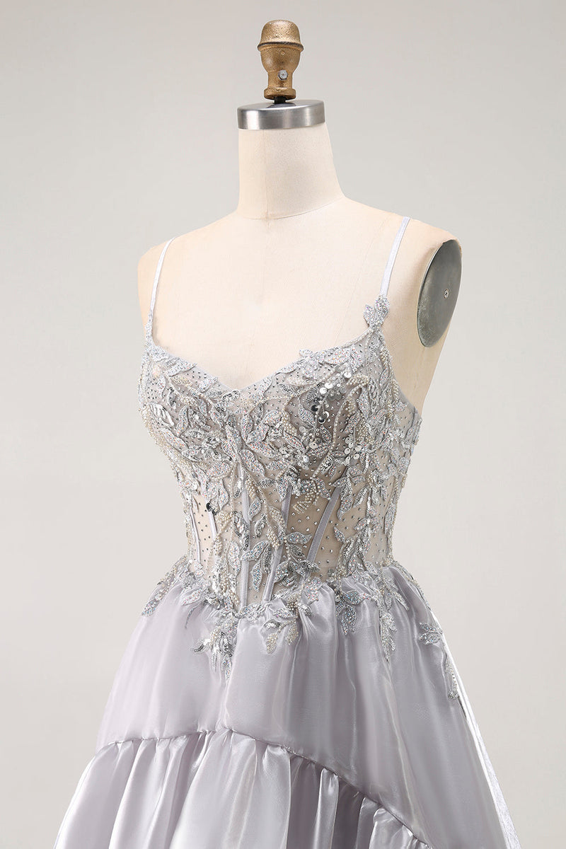 Load image into Gallery viewer, Sparkly Grey Ruffled A Line Long Corset Prom Dress with Beading