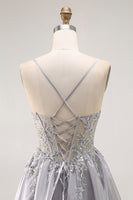 Load image into Gallery viewer, Sparkly Grey Ruffled A Line Long Corset Prom Dress with Beading