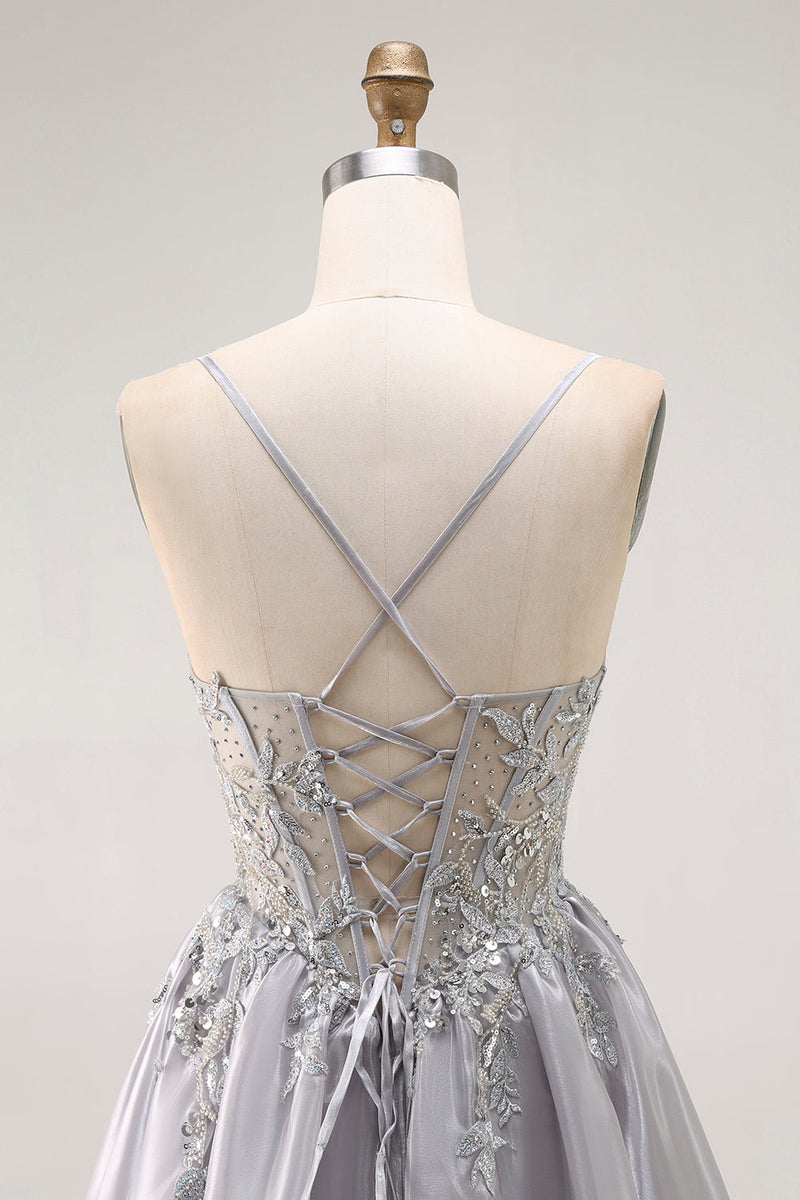 Load image into Gallery viewer, Sparkly Grey Ruffled A Line Long Corset Prom Dress with Beading