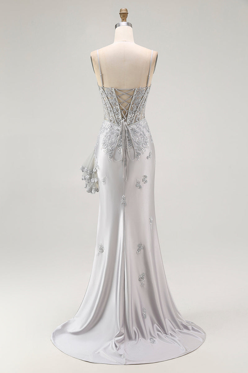 Load image into Gallery viewer, Sparkly Grey Mermaid Corset Long Prom Dress with Beading