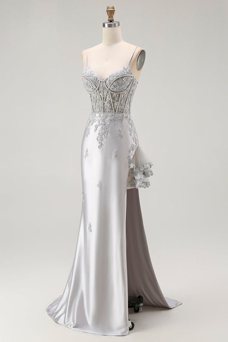 Load image into Gallery viewer, Sparkly Grey Mermaid Corset Long Prom Dress with Beading