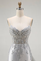 Load image into Gallery viewer, Sparkly Grey Mermaid Corset Long Prom Dress with Beading