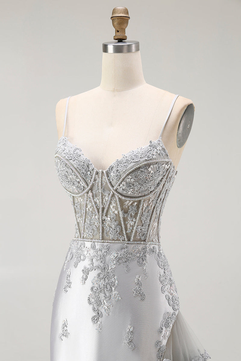 Load image into Gallery viewer, Sparkly Grey Mermaid Corset Long Prom Dress with Beading