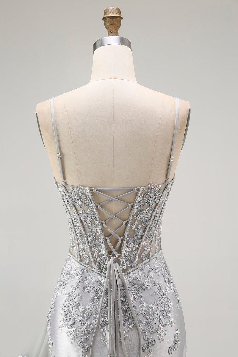 Load image into Gallery viewer, Sparkly Grey Mermaid Corset Long Prom Dress with Beading
