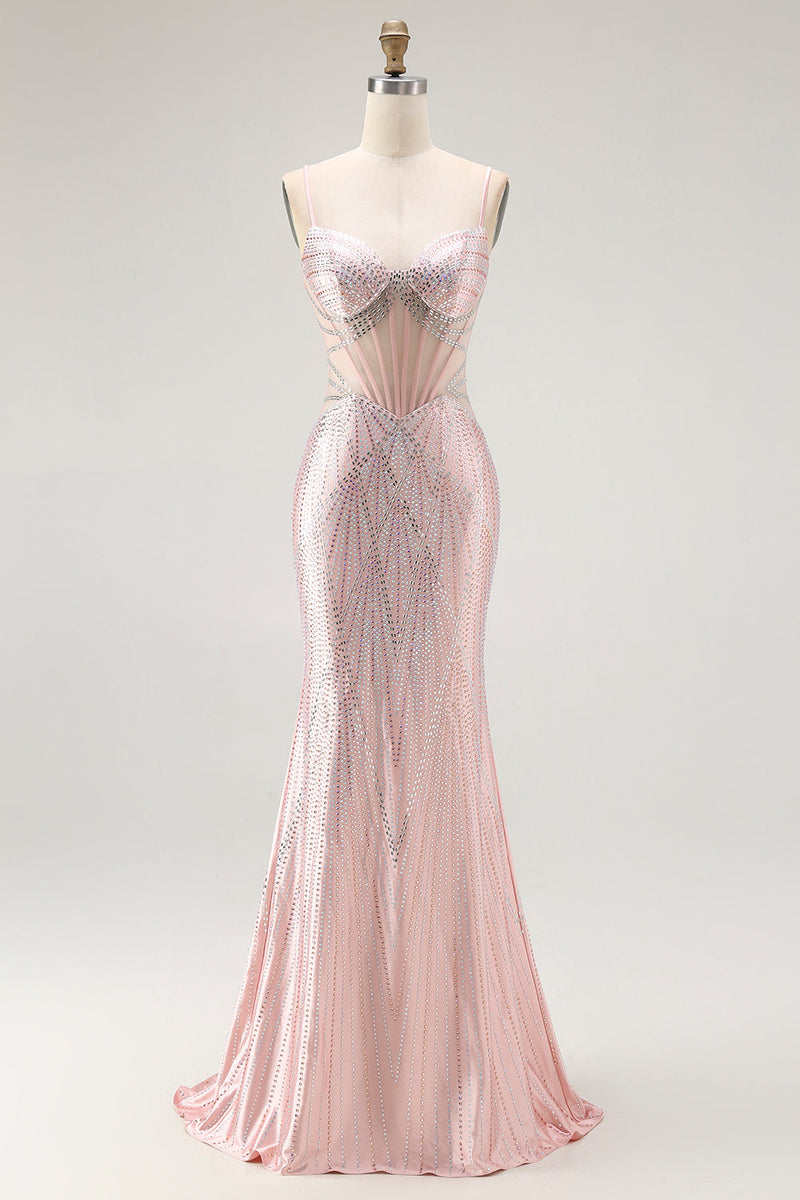 Load image into Gallery viewer, Sparkly Blush Mermaid Beaded Long Corset Prom Dress