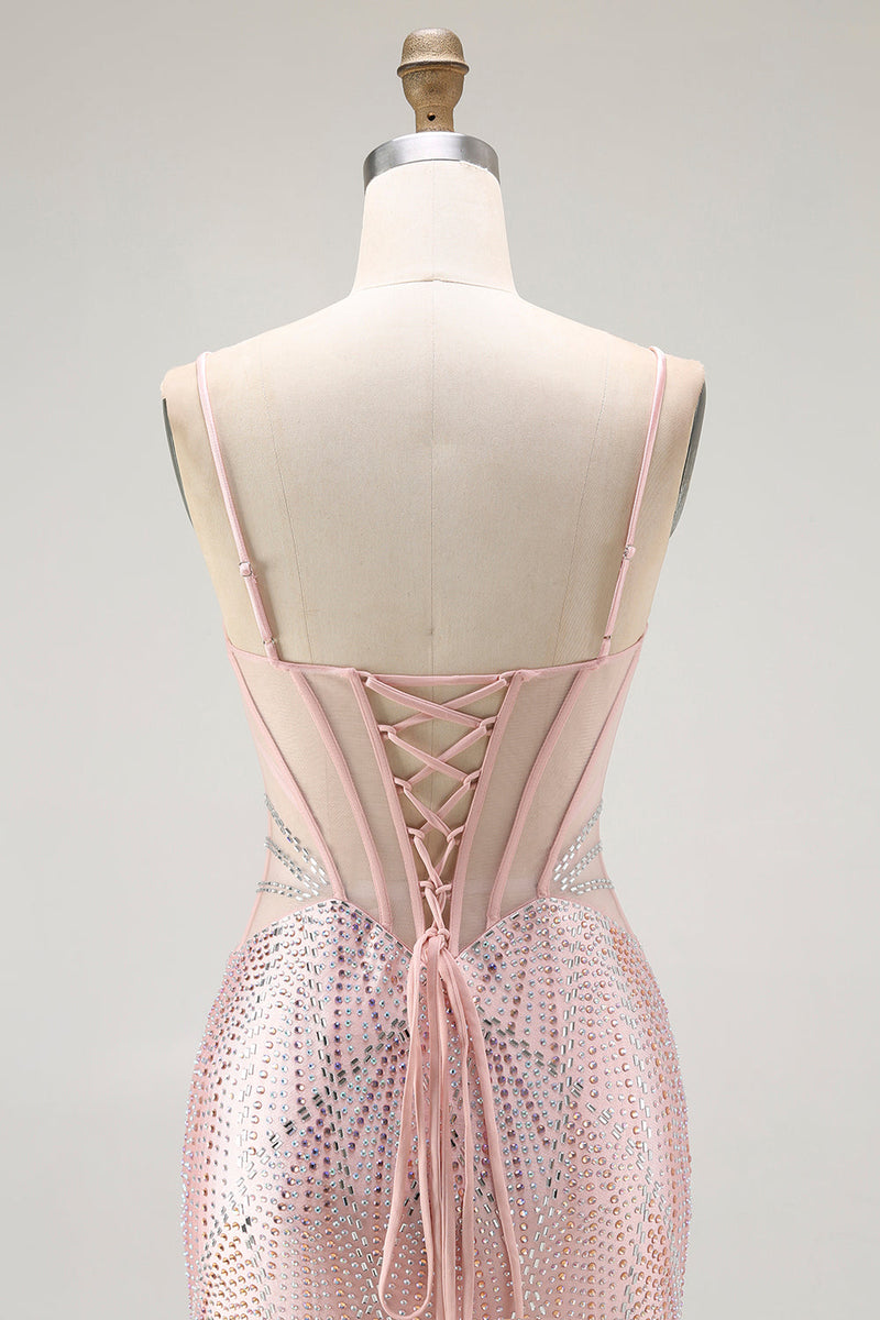Load image into Gallery viewer, Sparkly Blush Mermaid Beaded Long Corset Prom Dress