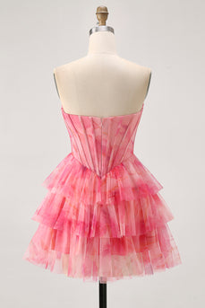 Sparkly Red Beaded Corset Short Tiered Prom Dress with Ruffles