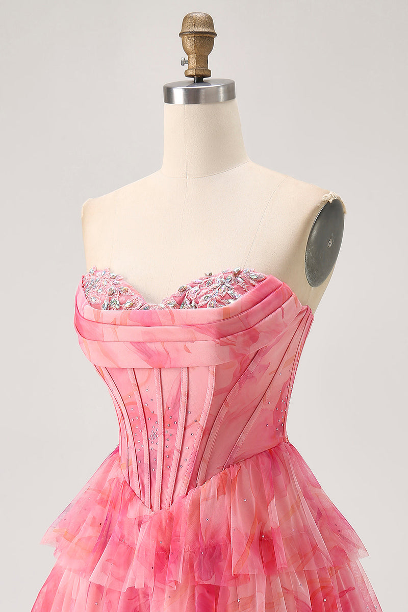 Load image into Gallery viewer, Sparkly Red Beaded Corset Short Tiered Prom Dress with Ruffles