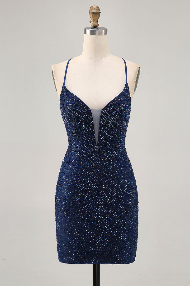 Load image into Gallery viewer, Sparkly Dark Blue Short Tight Prom Dress with Beading
