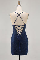 Load image into Gallery viewer, Sparkly Dark Blue Short Tight Prom Dress with Beading