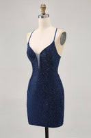 Load image into Gallery viewer, Sparkly Dark Blue Short Tight Prom Dress with Beading
