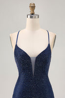 Load image into Gallery viewer, Sparkly Dark Blue Short Tight Prom Dress with Beading
