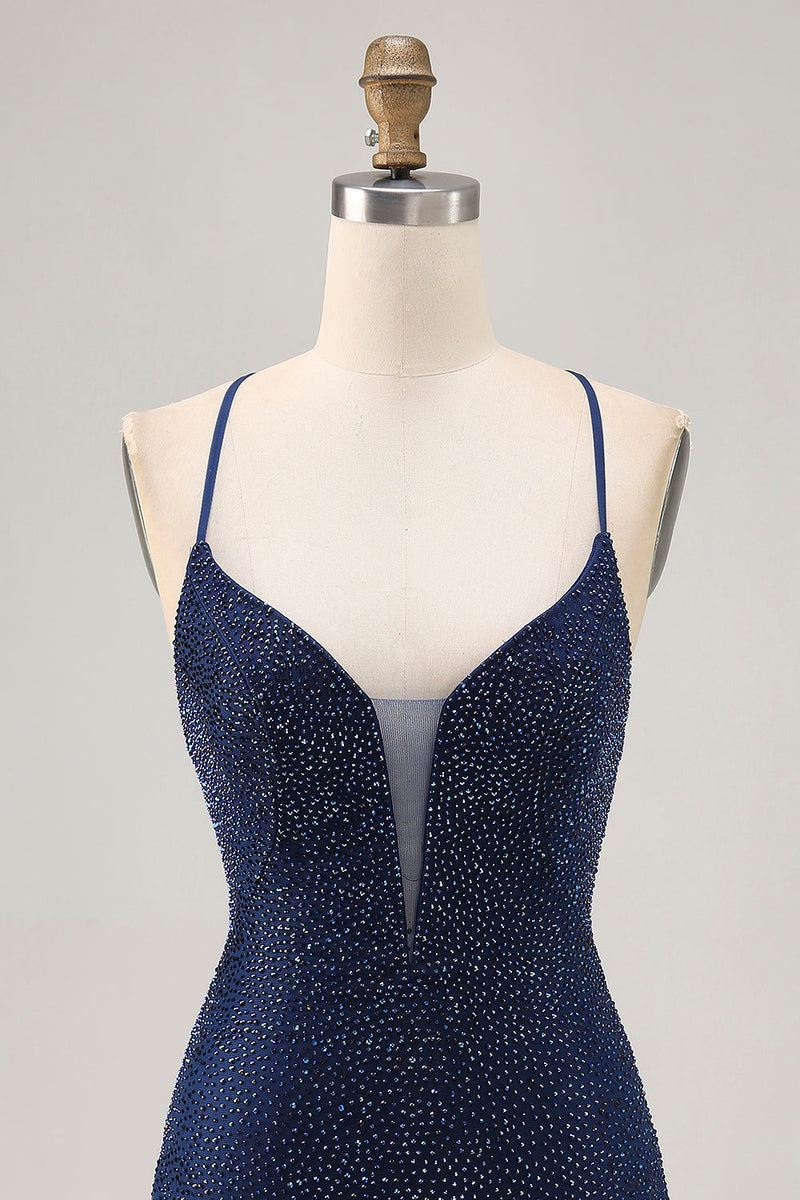 Load image into Gallery viewer, Sparkly Dark Blue Short Tight Prom Dress with Beading