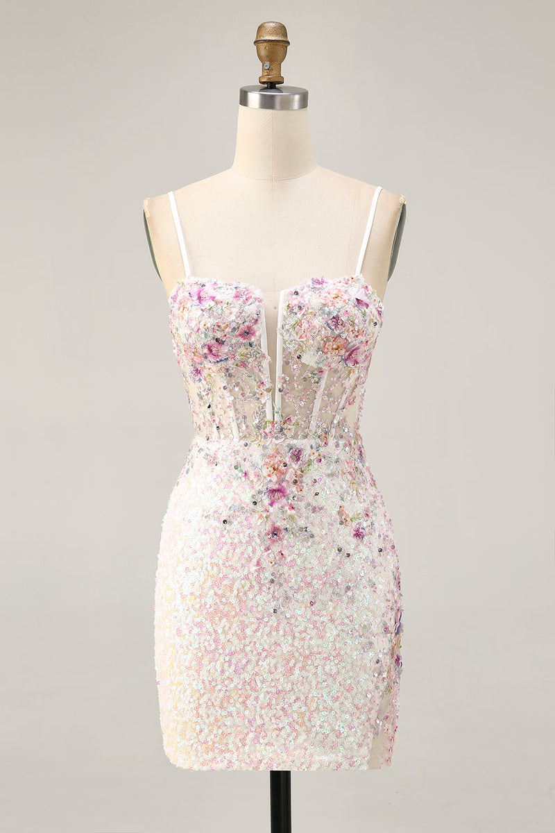 Load image into Gallery viewer, Sparkly White Floral Tight Sequins Short Corset Prom Dress