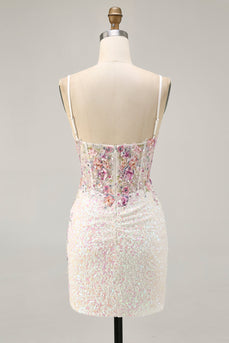 Sparkly White Floral Tight Sequins Short Corset Prom Dress