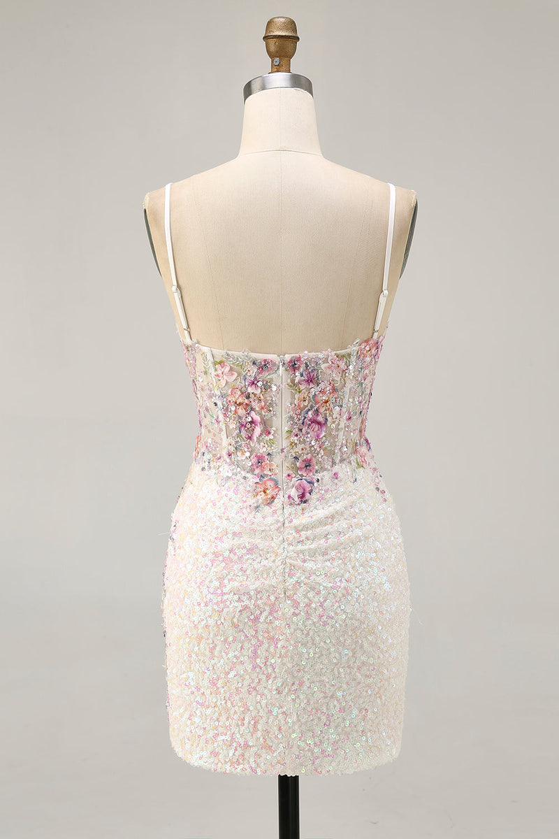 Load image into Gallery viewer, Sparkly White Floral Tight Sequins Short Corset Prom Dress