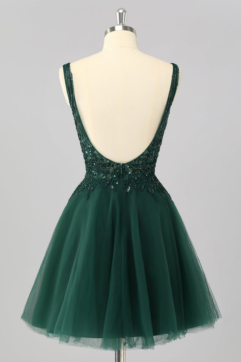Load image into Gallery viewer, Sparkly Dark Green A Line Short Prom Dress with Beading