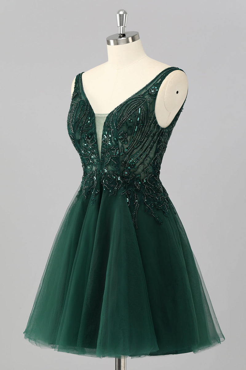Load image into Gallery viewer, Sparkly Dark Green A Line Short Prom Dress with Beading
