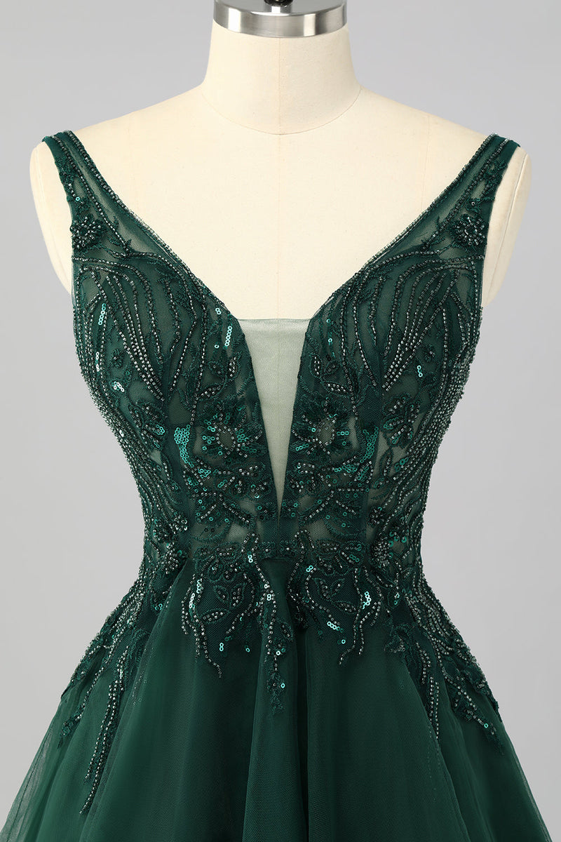 Load image into Gallery viewer, Sparkly Dark Green A Line Short Prom Dress with Beading