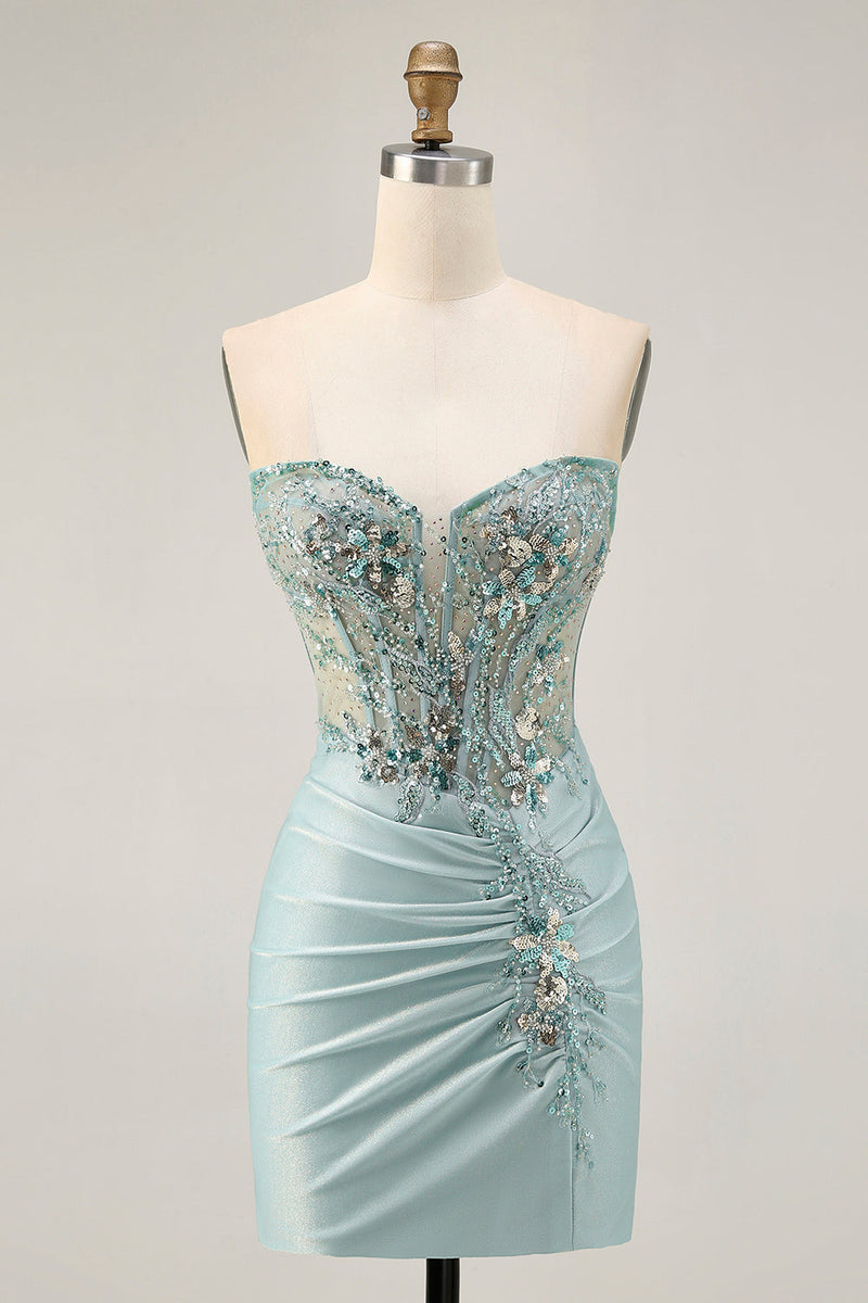 Load image into Gallery viewer, Sparkly Grey Green Tight Corset Short Prom Dress with Beading