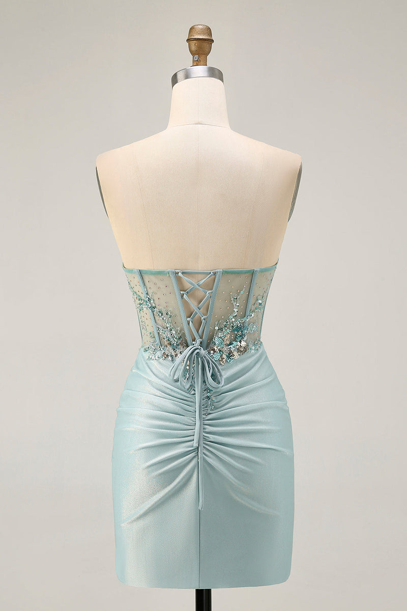Load image into Gallery viewer, Sparkly Grey Green Tight Corset Short Prom Dress with Beading