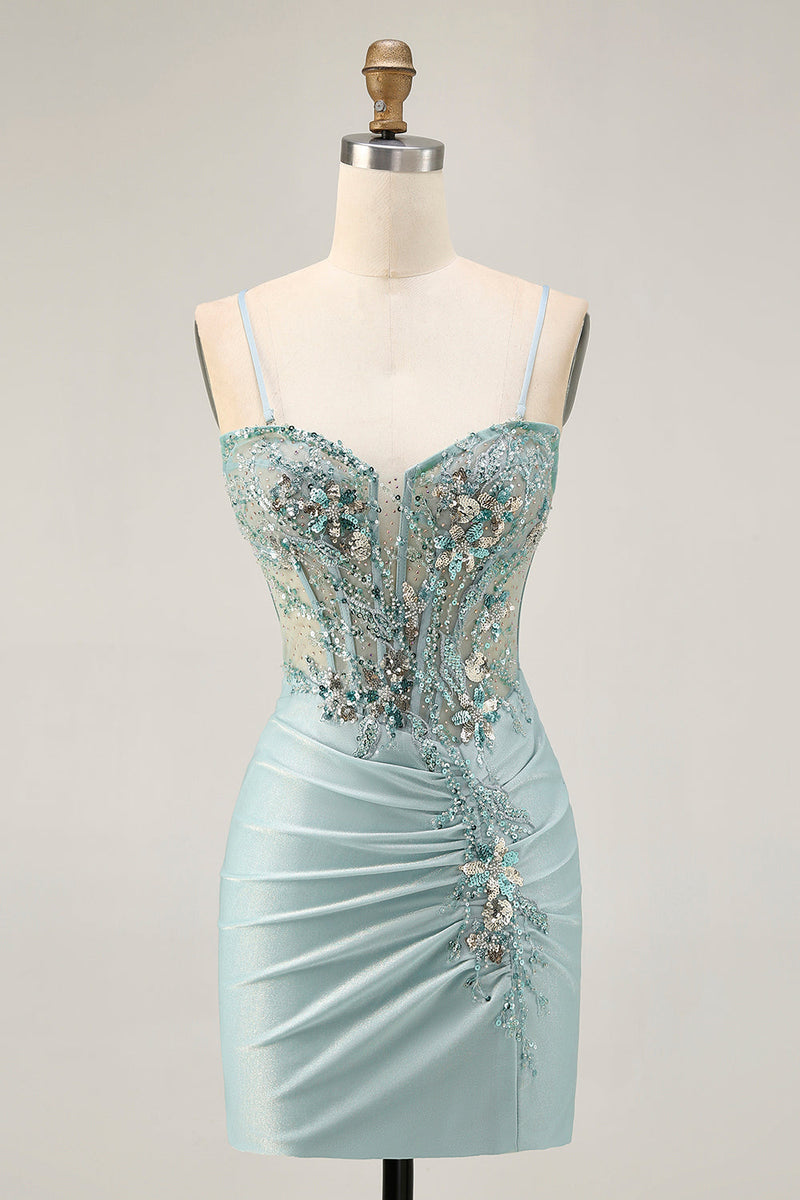 Load image into Gallery viewer, Sparkly Grey Green Tight Corset Short Prom Dress with Beading