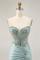 Load image into Gallery viewer, Sparkly Grey Green Tight Corset Short Prom Dress with Beading