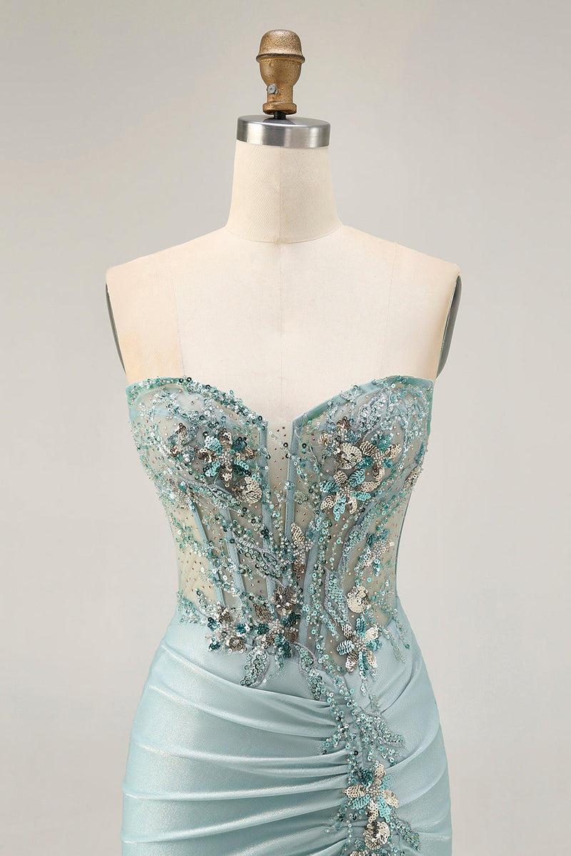 Load image into Gallery viewer, Sparkly Grey Green Tight Corset Short Prom Dress with Beading