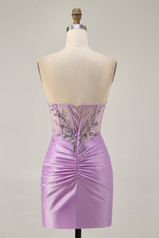 Sparkly Lilac Tight Short Corset Prom Dress with Beading