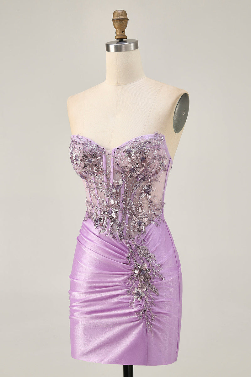 Load image into Gallery viewer, Sparkly Lilac Tight Short Corset Prom Dress with Beading