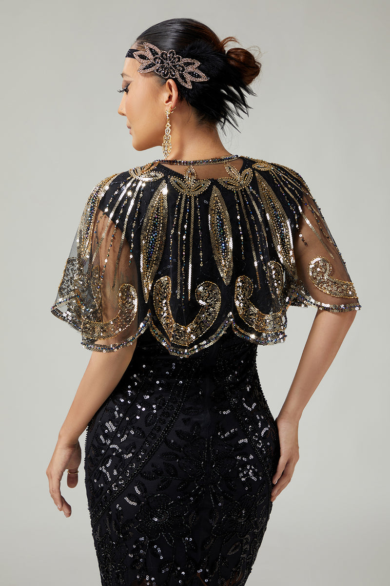 Load image into Gallery viewer, Sparkly Black Golden 1920s Cape with Beadings