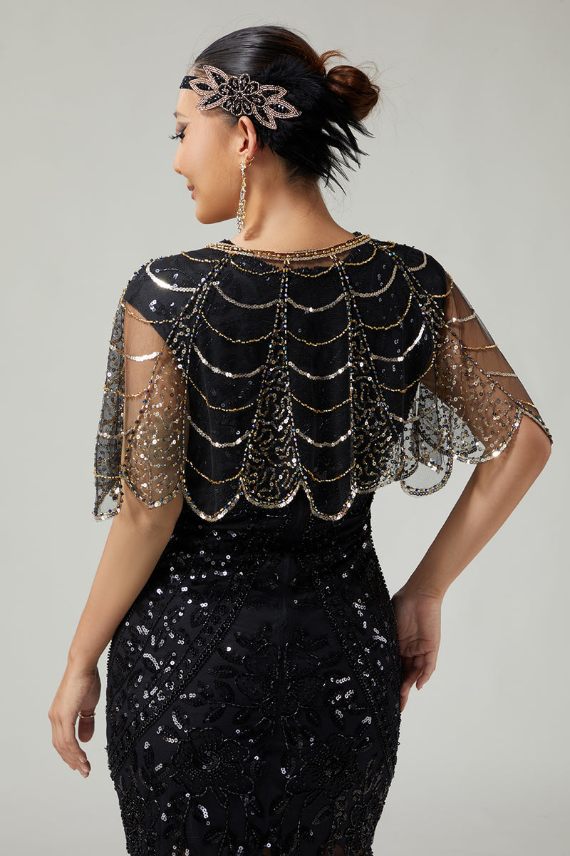 Load image into Gallery viewer, Sparkly Black Golden Sequins Tulle 1920s Cape