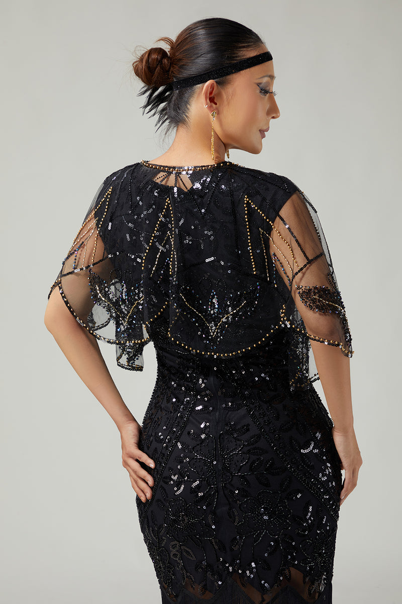 Load image into Gallery viewer, Glitter Black Sequins Tulle 1920s Cape with Beading