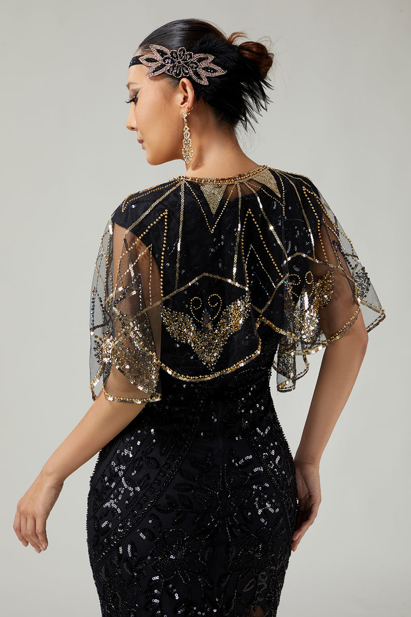 Load image into Gallery viewer, Glitter Black Sequins Tulle 1920s Cape with Beading
