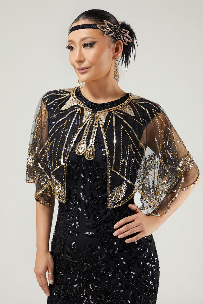 Load image into Gallery viewer, Glitter Black Sequins Tulle 1920s Cape with Beading