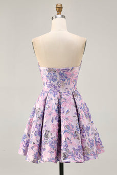 Lilac Floral Ruched Strapless Short Prom Dress
