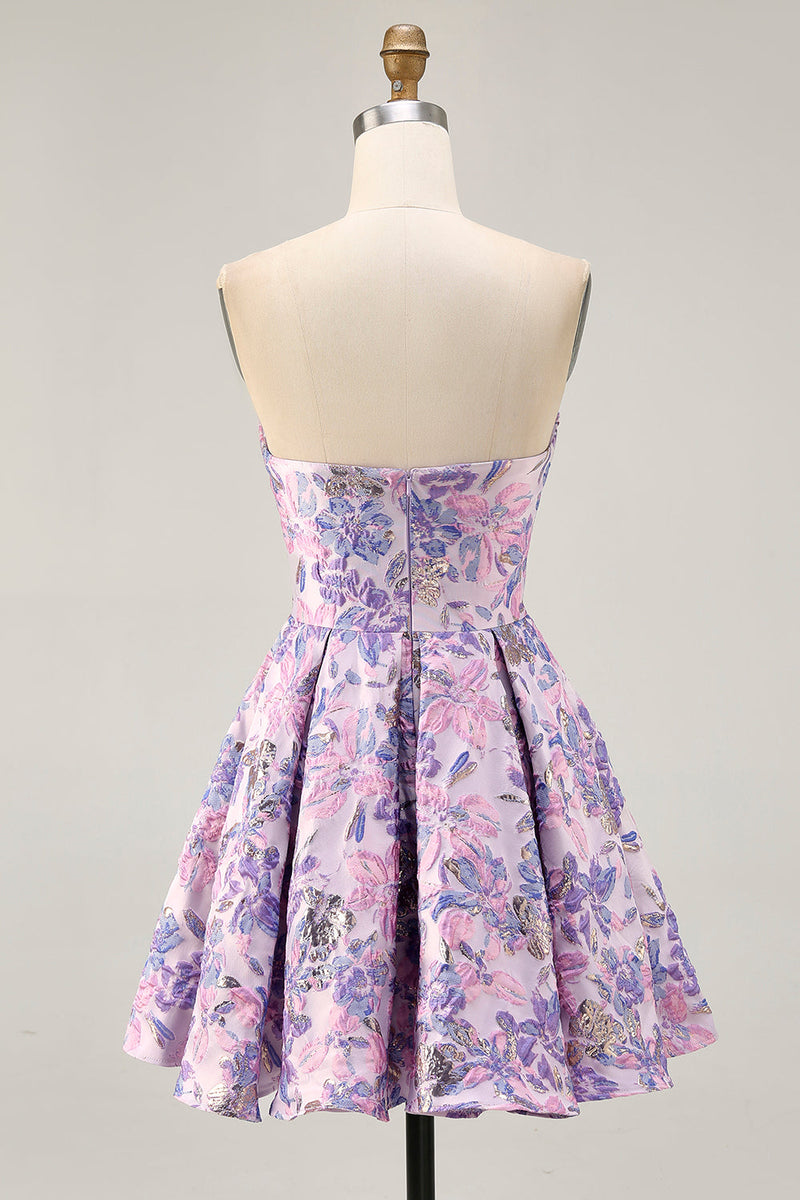 Load image into Gallery viewer, Lilac Floral Ruched Strapless Short Prom Dress
