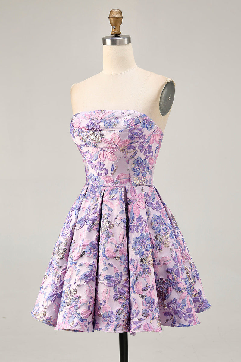 Load image into Gallery viewer, Lilac Floral Ruched Strapless Short Prom Dress