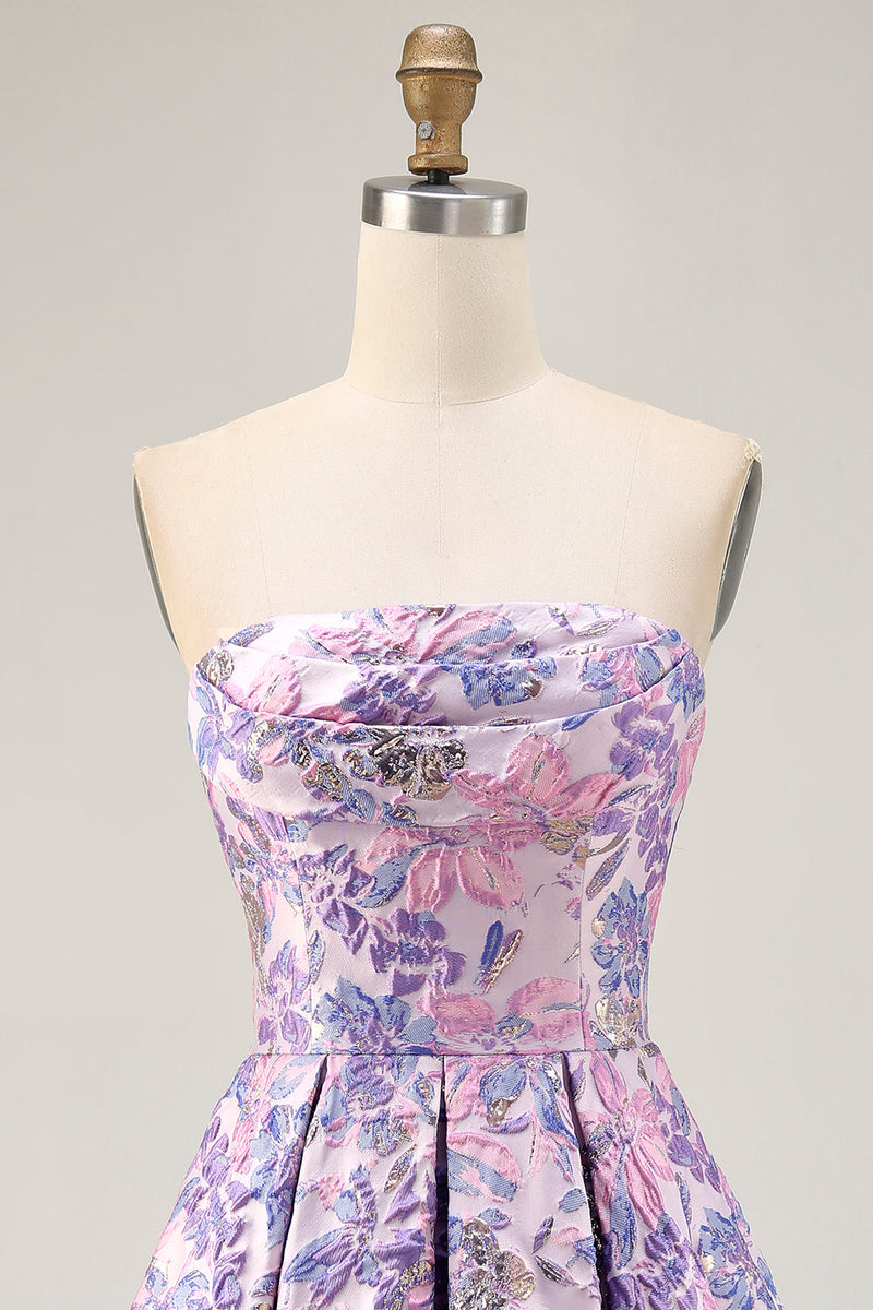 Load image into Gallery viewer, Lilac Floral Ruched Strapless Short Prom Dress