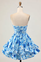 Load image into Gallery viewer, Blue Floral Short Sweetheart Prom Dress with Ruffles