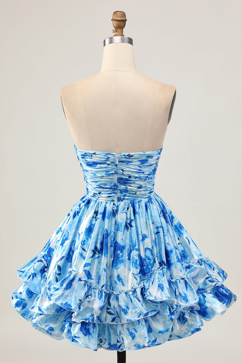 Load image into Gallery viewer, Blue Floral Short Sweetheart Prom Dress with Ruffles